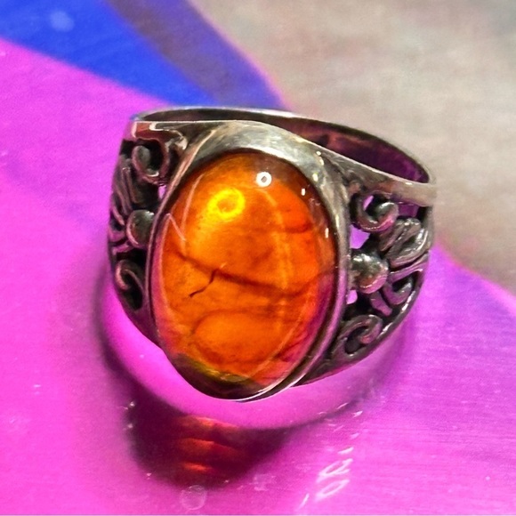 Estate Jewelry - ZIV Amber Ring Sterling silver filigree cabochon Bezel set oval signed 6 5505 YA